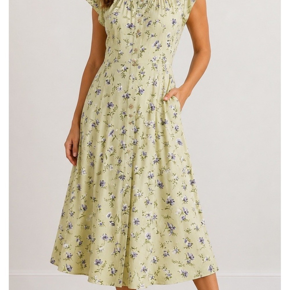 Coldwater Creek Floral Green Rayon Maxi Dress M Short Sleeve Dress Resort Y2K 12